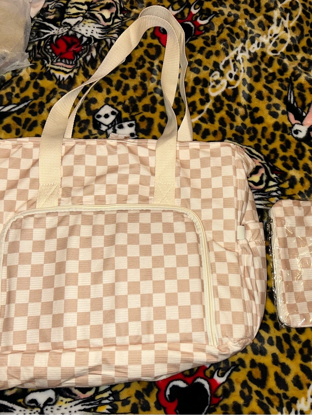 Checkerboard Pink Canvas Tote Bag with pouch